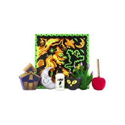 Season of the Witch gift. A colourful witch-themed gift box stands behind an array of six Halloween-themed bathing products, including bath bombs, a shower gel, a bubble bar and a shower gummy.