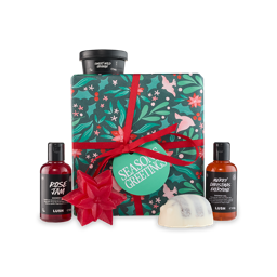 Season's Greetings. A square gift box wrapped in dark green paper designed with illustrations of holly, mistletoe, birds and Poinsettia flowers, tied with a red ribbon and gift tag. Five included Lush products sit around the box. 