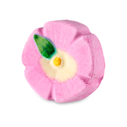 Shower of Falling Cherry Blossom. A flat, round bubble bar shaped like a cherry blossom flower. The product shows five, large, pink petal sections with a whitened middle, a green leaf at an angle and a yellow centre.