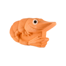 Shrimply The Best. A vibrant orange bath bomb shaped like a cartoon shrimp in a typical curved shape, with a large, singular black and white eye.
