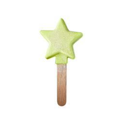 Silver Star. A playful, reusable bubble bar comprised of a wooden handle topped with a lime-green, five-pointed, star-shaped bubble bar. It is dusted in a silver, shimmering lustre. 