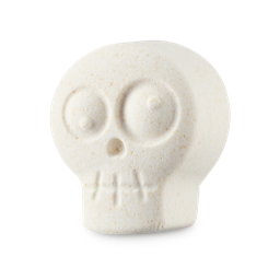 Skeleton - Monster Mash Head. A playful, creamy-white bath bomb shaped like the skull of a human skeleton, complete with an embossed nose hole, mouth lines and large eyes.