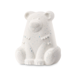 Sleepy Bear. A festive bath bomb shaped like a sitting Polar Bear facing forward. There are tiny flecks of blue throughout the product. 