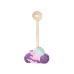 Sleepy mini bubble wand with a cloud-shaped base in swirled purple, pink, and mint. It has a light wooden handle with a circular loop at the top, set against a white background.