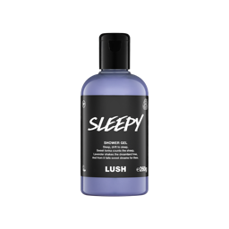 A clear bottle filled with lilac Lush Sleepy shower gel, topped with a black cap and featuring a black label