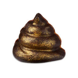 A dark brown, swirled conical soap shaped like a "poop" emoji, heavily dusted with sparkling plastic free gold shimmer. 