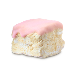 S'mores. A cubed, textured beige 'floating' soap with a smooth, pale pink layer dripping slightly down the top,
