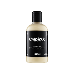 A clear bottle filled with creamy, warm beige Lush S'Mores shower gel, topped with a black cap and featuring a black label,