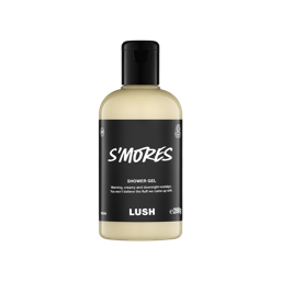 A clear bottle filled with creamy, warm beige Lush S'Mores shower gel, topped with a black cap and featuring a black label.