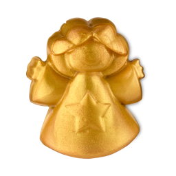 Snow Angel Choir. A wobbly, rich gold-coloured shower jelly in the shape of a classic festive angel with an almost-triangle-shaped dress with an embossed star and long draped sleeves. 