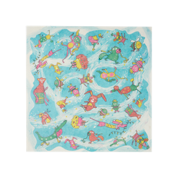 Snow Day. A pale blue, square Lokta wrap with friendly characters ice skating and doing Winter activities. 