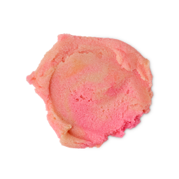 Snow Fairy. A neatly smudged swatch of thick, textured body scrub with a marbled pink and orange colour and visible exfoliating granules.