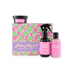 Snow Fairy Body Spray. An off-square-shaped gift box with a pink and green checkered pattern and repeating "Snow Fairy" bubble text. Three Snow Fairy products, including a body lotion, shower gel and body spray, sit around the box. 