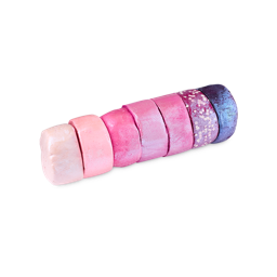 Lush Snow Fairy Fun. Its long, cylindrical shape is composed of seven distinct Play-Doh-textured sections of different shades, ranging from light pink to a deep, dark purple. shimmering lustre covers the product.