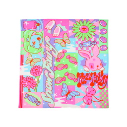 Snow Fairy. A square, fabric knot wrap with a colourful, whimsical design with pink, blue, green, and purple squares. The design features bunnies, butterflies, flowers, fairies, and wrapped candy, with the text "Snow Fairy" and "Fantasy."