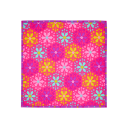 Snow Fairy knot wrap. A square Lush fabric Knot Wrap featuring a bright pink backdrop with a repeating floral pattern of yellow, turquoise, purple, and pale pink poinsettia-style flowers.