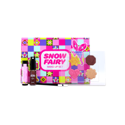 A Lush "Snow Fairy Make Up Set" in colourful checked packaging, displayed alongside lip butter, glitter mist, and a four-pan palette with gold, brown, pink, and bronze shimmer shades