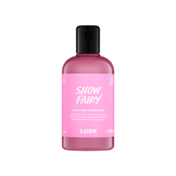 A clear bottle filled with shimmering pink Lush Snow Fairy shower gel, topped with a black cap and featuring a bright pink label