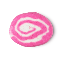Snow Fairy Roll bubble bar. A solid bubble bar in an off-oval shape with a vibrant pink and white spiral design, resembling a Swiss roll. There is a subtle silver lustre covering the product.
