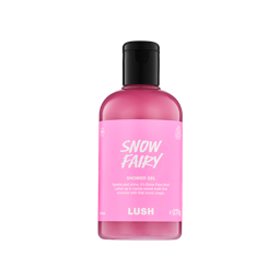 A clear bottle filled with shimmering pink Lush Snow Fairy shower gel, topped with a black cap and featuring a bright pink label