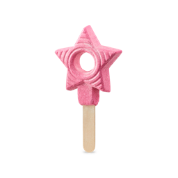 Snow Fairy Wand. A shimmering, pink, five-pointed star-shaped bubble bar with a hole in the middle sits on a wooden stick. 