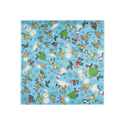 Snow Much Fun Lokta paper. A square sheet of Lokta wrapping paper with a light blue backdrop, covered in a repeating festive illustration of snowmen, Santa, reindeer, penguins, and snowflakes