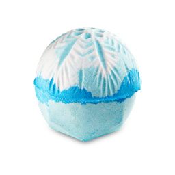Snow Drift. A spherical bath bomb with a geometric base. It is light blue with a white top, featuring an embossed, icy snowflake-like pattern. A jagged blue and white band runs around the middle.