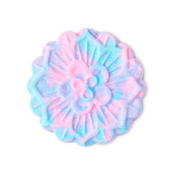 Snowy Mooncake Bubble Bar. A circular bubble bar with scalloped edges, marbled with pastel pink and light blue. It features a detailed, embossed floral pattern on its top surface.