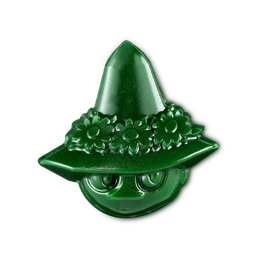Snufkin. A deep green, glossy shower gummy shaped like the character Snufkin, wearing their signature pointed hat adorned with a row of moulded flowers. The product has a subtle shimmer throughout.
