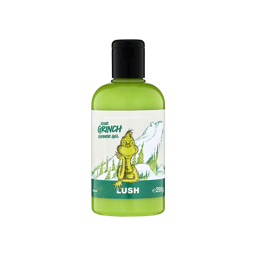 A clear plastic bottle filled with bright lime green Lush Sour Grinch shower gel, featuring a black flip-top cap and an illustration of the Grinch on the label