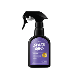 Space Girl. A classic black LUSH body spray bottle with a pastel-violet sticker with the product name "Space Girl" printed on the front. 
