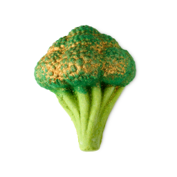 Sparkly Broccoli. A fun, vibrant bubble bar in the shape of a head of broccoli. It has a light green stem with a dark green head, covered in a golden lustre. 