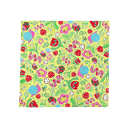 Spring Awakening. A square, fabric knot wrap. The background is a pale- green colour. The pattern includes illustrations of Spring-themed plants and animals including ladybirds, worms, clovers, strawberries, caterpillars, bees and blooming flowers. 