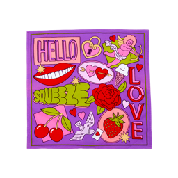 The Squeeze Knot Wrap features a purple background with vibrant pop-art illustrations, including a cherub, red lips, roses, and cherries. Text reads "HELLO SQUEEZE LOVE" in bold, colourful fonts.