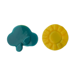 St. Swithun’s Day. A pair of themed, jelly-consistency eye pads. One eye pad is a round, yellow sun shape, and the other is a deep-blue, cloud with raindrops shape.