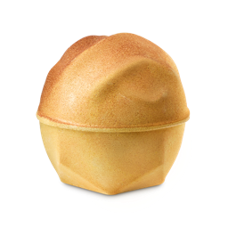 Sticky Dates. A golden, spherical bath bomb with a slightly rippled top half and a geometric base. The product is topped with shimmering, golden lustre. 