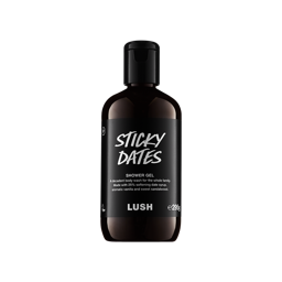 A clear bottle filled with rich, dark brown Lush Sticky Dates shower gel, topped with a black cap and featuring a black label