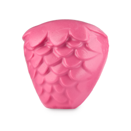 Strawberry. A gelatinous facial gummy cleanser in the shape of a strawberry. The product is a bright pink colour with a scallop-like texture across. 