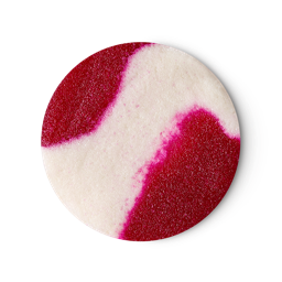 An overhead view of a round, solid sugar scrub with a swirling, marbled pattern of vibrant white and deep magenta/crimson red. The textured product is the Sufganiyah Sugar scrub, set against a light grey background.