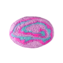 Sugar Plum Fairy Roll bubble bar. The image shows a flat, oval-shaped bubble bar with a purple, pink, and light blue spiral pattern. A subtle silver lustre coats the product. 