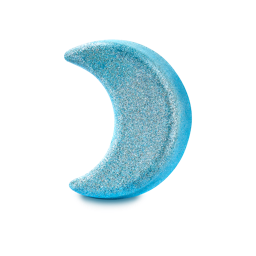 A bright blue bath bomb shaped like a crescent moon, heavily coated in shimmering silver and blue glitter.