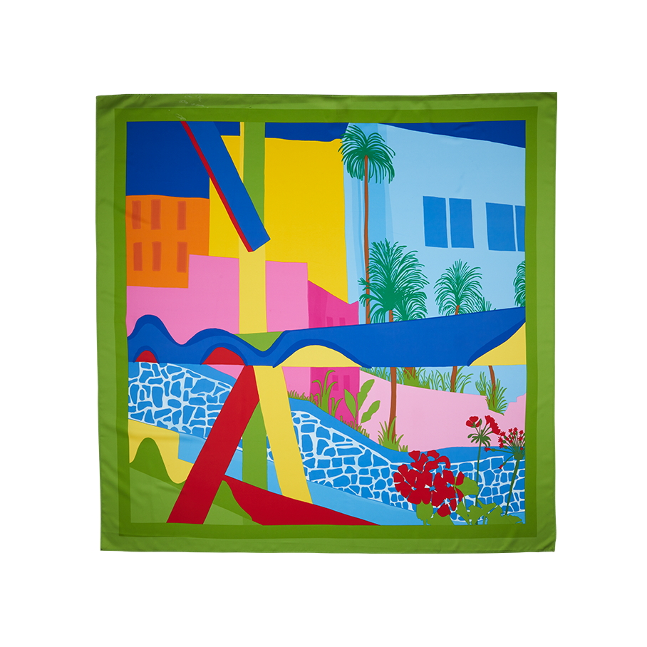 Summer Daydreams. A square knot wrap with a green border. The design is bold, abstract colours creating a vibrant city theme. 