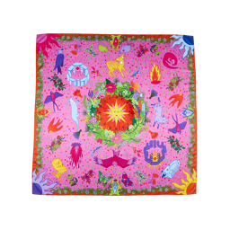 Summer Solstice. A folksy, bright wrap busy with sunshine, wildlife, flowers and fruit to celebrate summer on a pink base color.