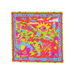 Sun Shiny Day. A square, fabric knot wrap. A jagged border of red, green and blue with flowers around the edge. The central design shows a playful, abstract day scene of bold colours including rolling hills, lurking animals and a happy sun. 