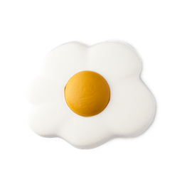 Sunny Side Up. A whimsical shower jelly soap in the shape of a fried egg. There is a large, round, uneven base with a perfectly circular, domed, deep-yellow "yolk" centre. 