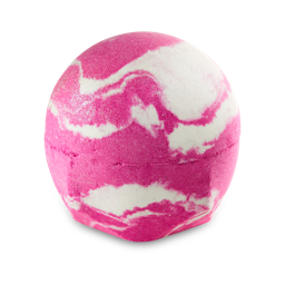 Super Fairy. The image shows a spherical Super Fairy Bath Bomb with a geometric base. It is marbled with bright pink and white colours and coated in a silver lustre.