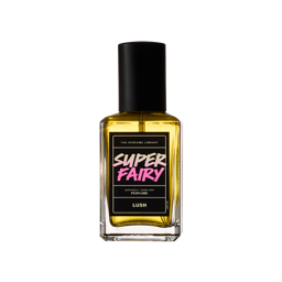 Super Fairy A square glass perfume bottle is filled with yellow translucent liquid perfume. The bottle has a black lid and label which reads "Super Fairy"