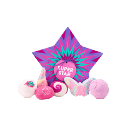 Super Star gift. A star-shaped box with purple and turquoise zig-zags. Six colorful bath bombs and bubble bars Luna's butterfly, unicorn horn bubble bar, twilight bath bomb, equity bath bomb, mini comforter bubble bar and creamy candy bubble bar. 
