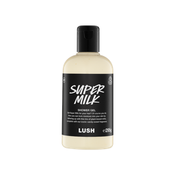 A clear bottle filled with creamy, off-white Lush Super Milk shower gel, topped with a black cap and featuring a black label.