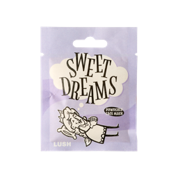 Sweet Dreams. A pale purple, sealed, sachet product. The packaging has an illustration of a sleeping woman in a crown. In a dream bubble, the text reads: Sweet Dreams Powdered Face Mask.